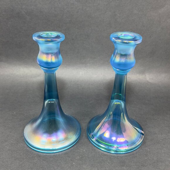 Vtg Central Glass Works Iridescent Blue Stretch Trumpet Candlestick Holders Glow - Picture 3 of 16
